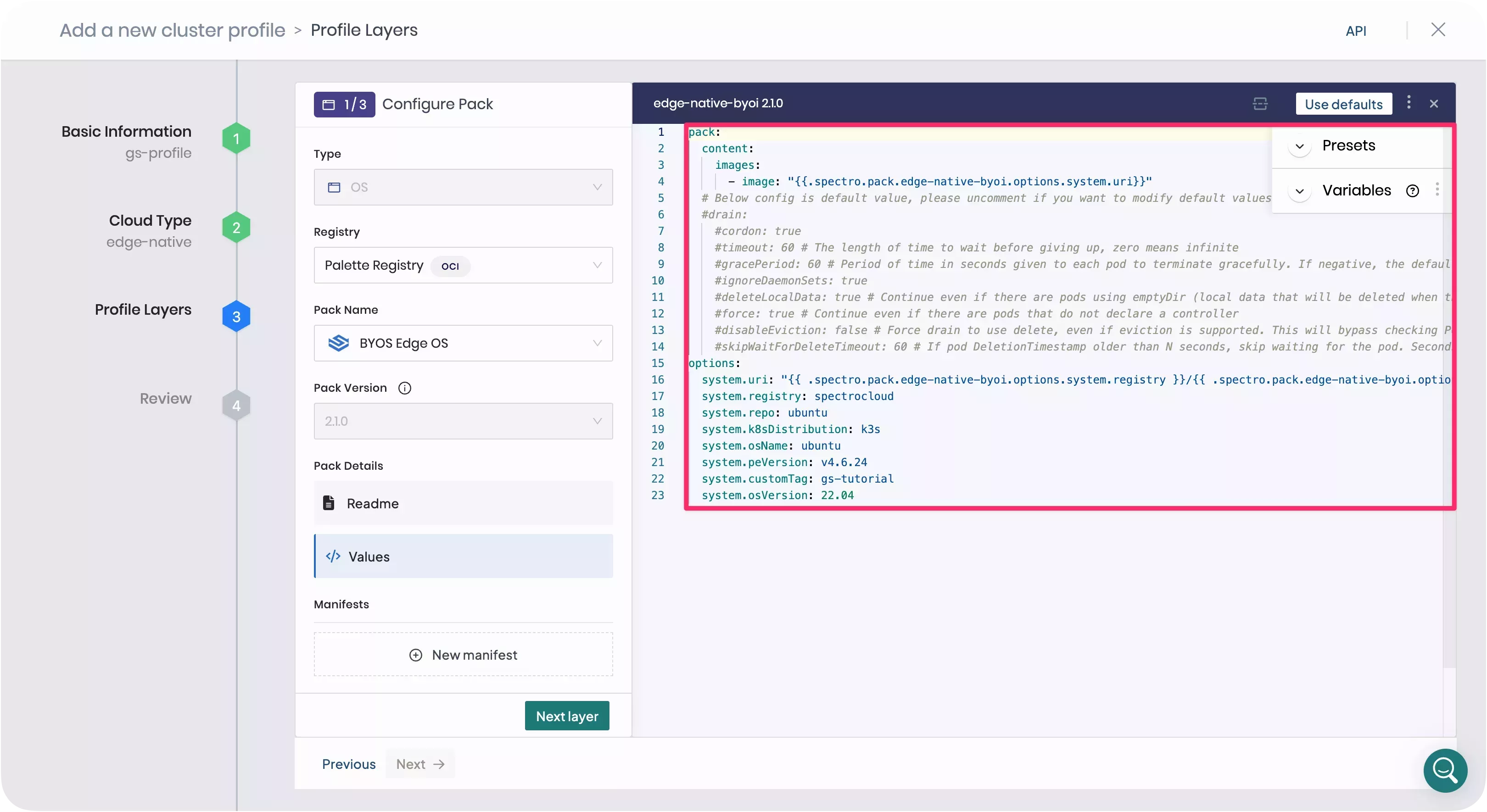 A screenshot of the cluster profile creation step with the OS layer.